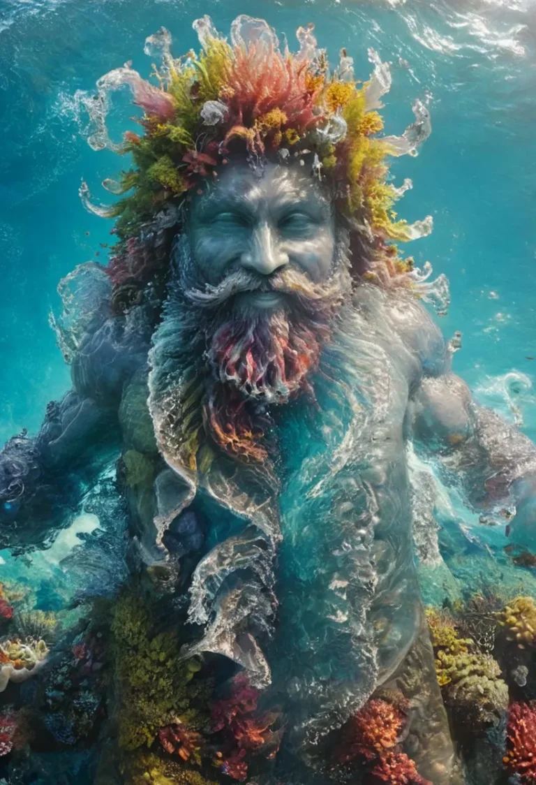 A mythical underwater king with a vibrant coral crown, AI-generated using Stable Diffusion.