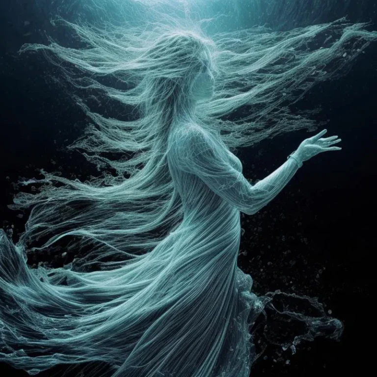 An ethereal woman with flowing hair and dress underwater, with a spectral, ghostly appearance. This is an AI generated image using stable diffusion.