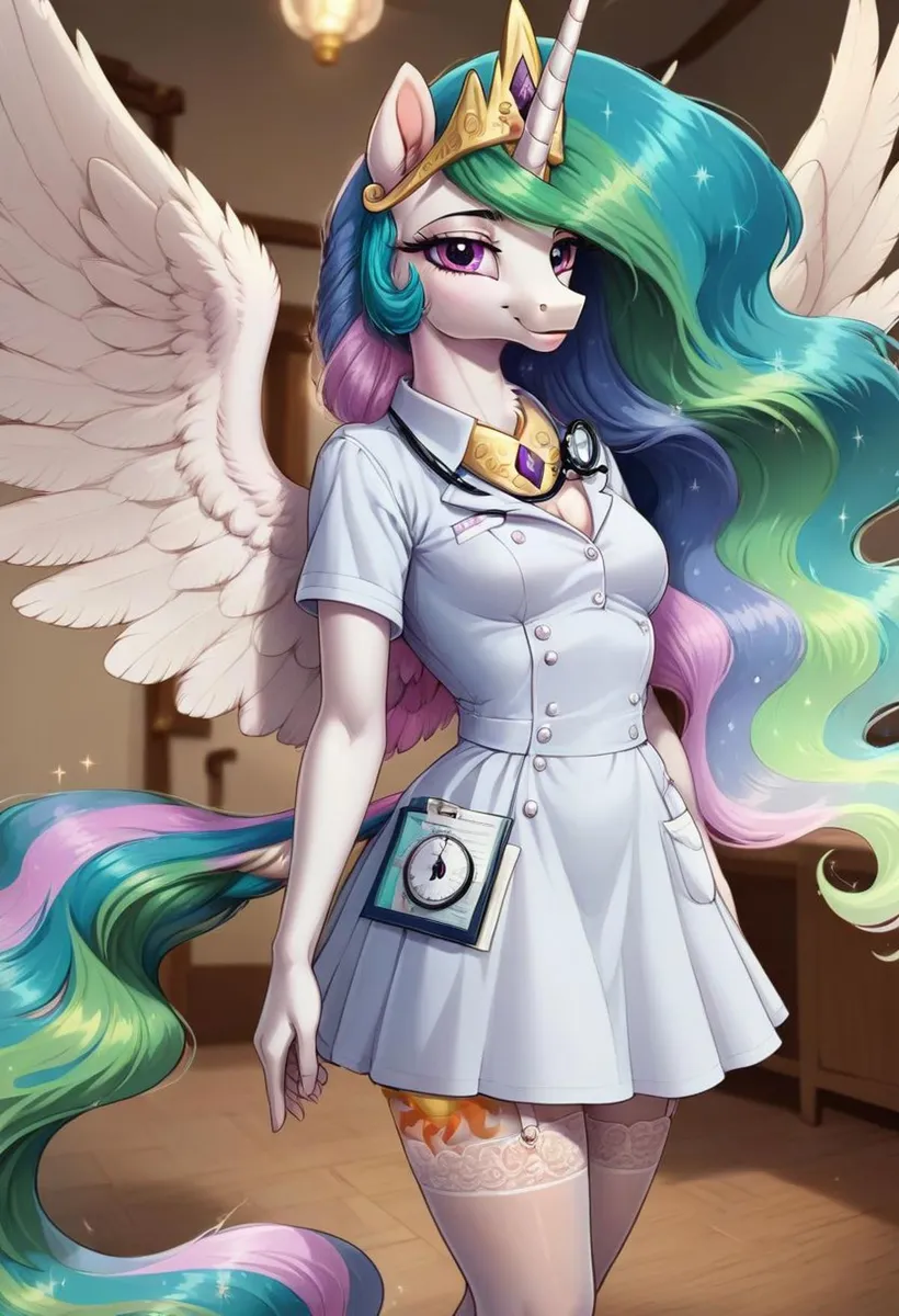 AI generated image using stable diffusion depicting a unicorn fantasy character with multicolored hair dressed in a nurse's outfit.