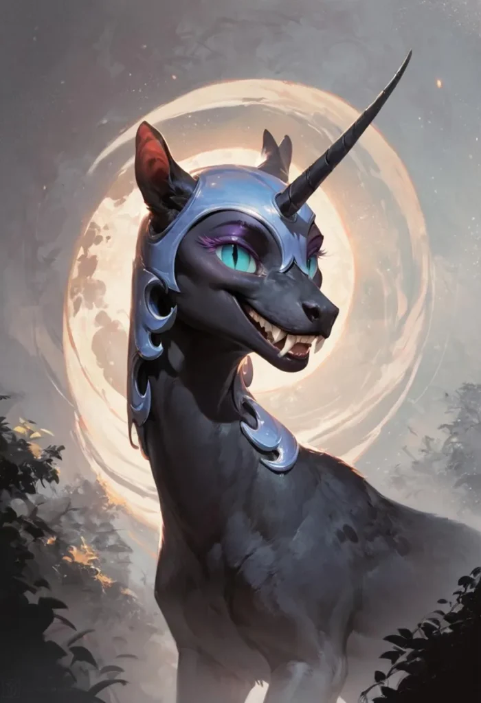 An AI generated image using Stable Diffusion depicting a fantasy unicorn cat with emerald eyes and a shiny helmet, illuminated by a glowing full moon at night.