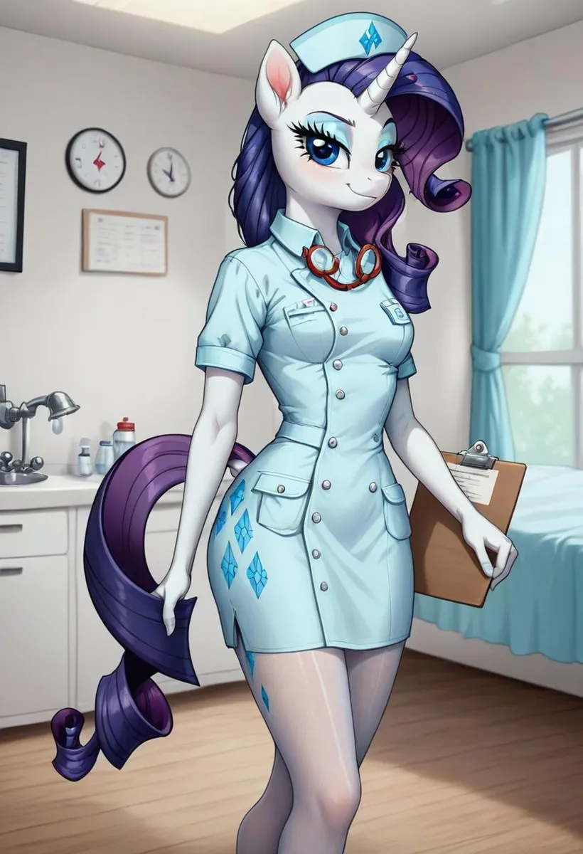 Anthropomorphic unicorn character dressed as a nurse in a medical office, created using Stable Diffusion.