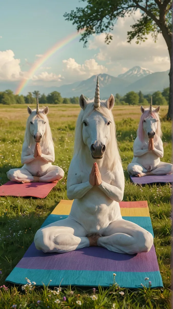 Three AI generated unicorns practicing yoga in a meadow with a rainbow and mountains in the background, using Stable Diffusion.