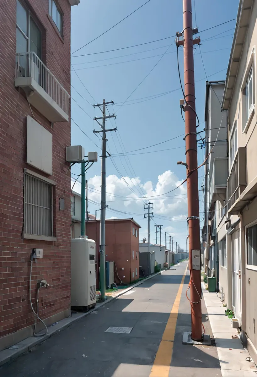 An AI generated image using stable diffusion depicting a narrow urban alley between residential buildings with a clear blue sky.
