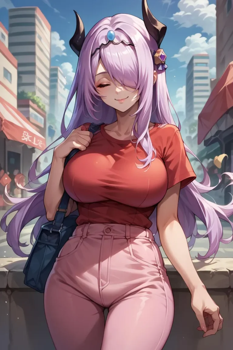 Detailed anime character with purple hair, wearing a red shirt and pink pants, in an urban setting, AI generated using stable diffusion.
