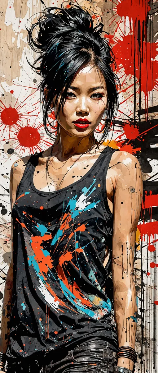 AI-generated image of a woman in urban fashion with a graffiti background, using Stable Diffusion.