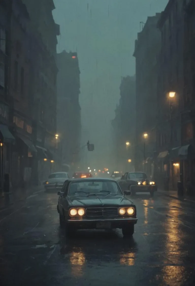 A vintage car is driving through a dimly lit, rainy city street at night, with reflections of streetlights on the wet pavement. AI generated image using Stable Diffusion.