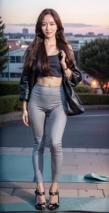 AI generated image of a fashion model standing outdoors wearing a casual urban street fashion outfit with a leather jacket, crop top, grey leggings, and high-heeled sandals using Stable Diffusion