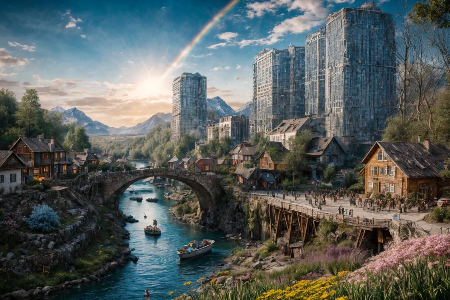 A beautifully crafted AI-generated image using Stable Diffusion, depicting a serene utopian village alongside a clear river. Characterized by a mix of quaint cottages and towering futuristic buildings under a vibrant sky with a rainbow and distant mountains.