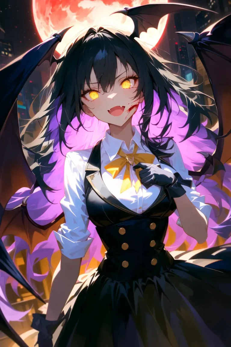 AI-generated anime-style image of a vampire girl with glowing yellow eyes, black bat wings, and purple hair tips, under a blood moon using Stable Diffusion.