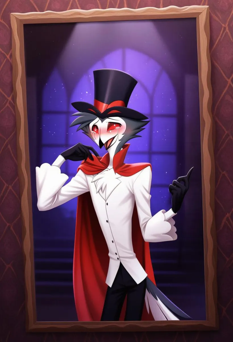 An AI generated image using Stable Diffusion. It features an animated vampire character with a mischievous grin, wearing a top hat, black gloves, and a red cape. The character is depicted in a portrait frame with a purple-toned background.