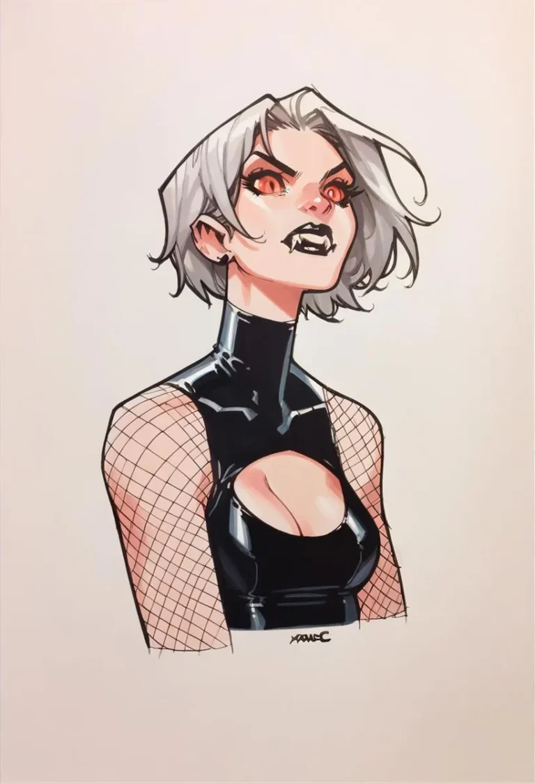 Anime-style illustration of a vampire girl with gray hair, sharp fangs, and red eyes. She wears a black, high-neck, cut-out top and fishnet sleeves. AI generated image using stable diffusion.