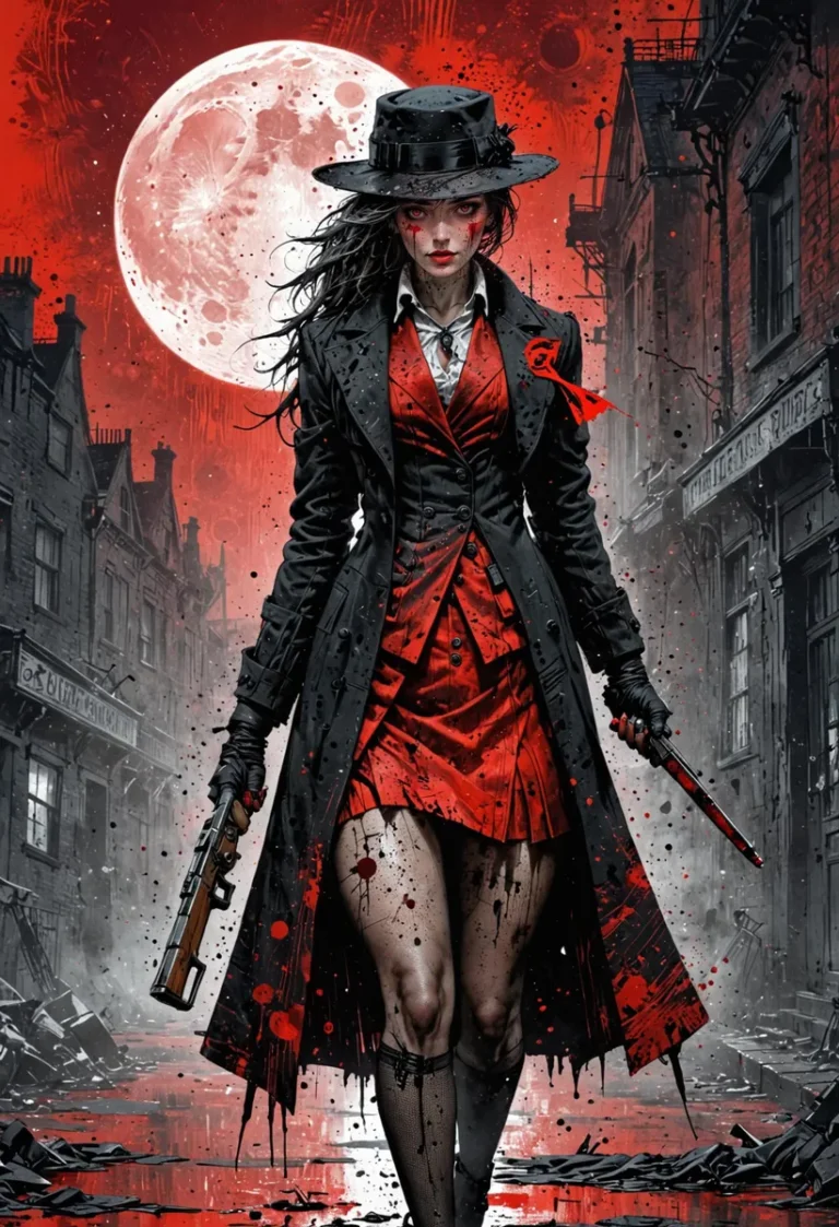 A gothic noir scene features a vampire huntress in a red dress and black trench coat, holding two weapons, under a full moon. This is an AI generated image using Stable Diffusion.