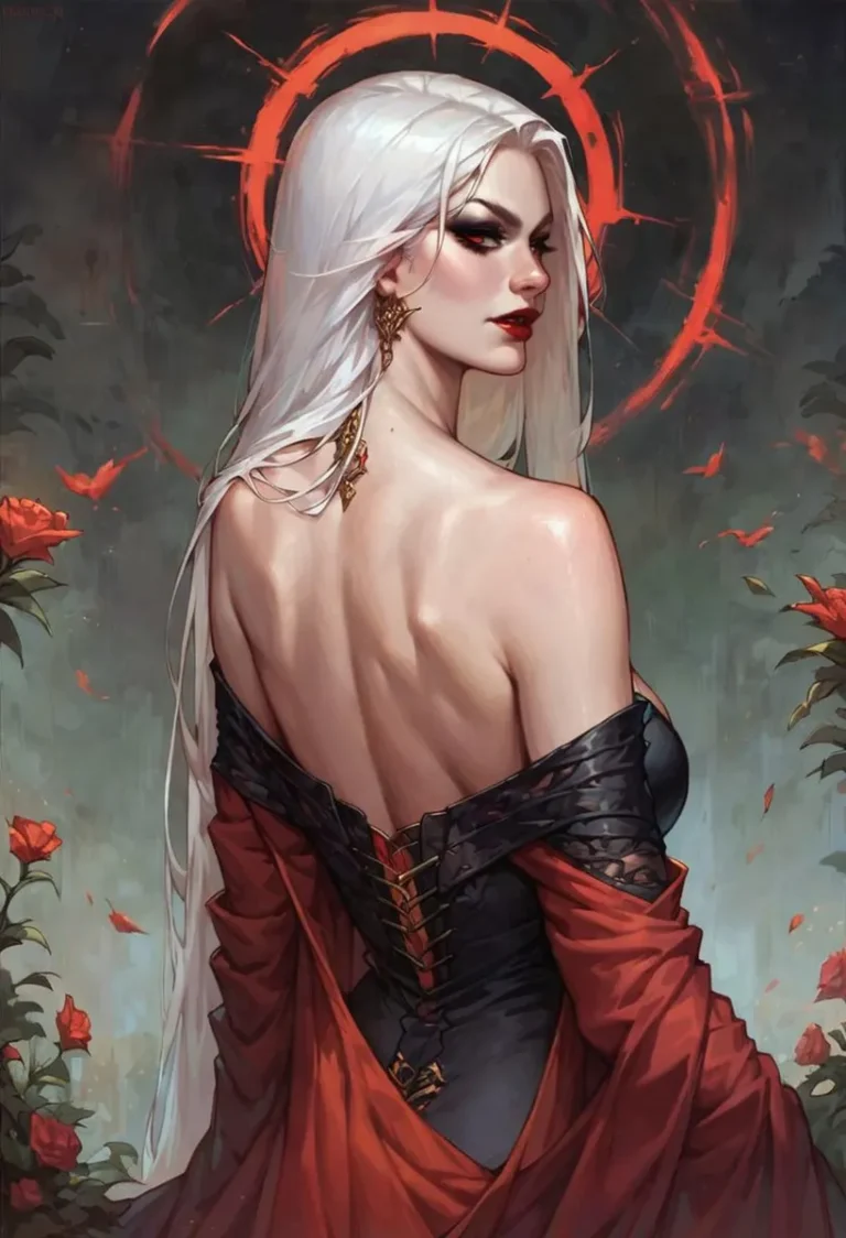 A highly detailed AI generated image using Stable Diffusion depicting a striking vampire woman with long white hair and piercing eyes, dressed in a dramatic red and black backless dress. She stands with an intense, captivating gaze amidst a dark, mystical forest with red roses and glowing red hues.