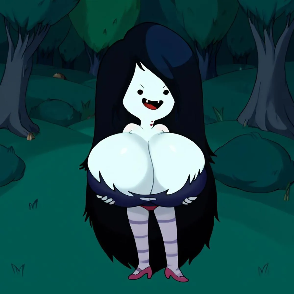Cartoon vampire woman with large breasts in a dark forest background. AI generated image using Stable Diffusion.
