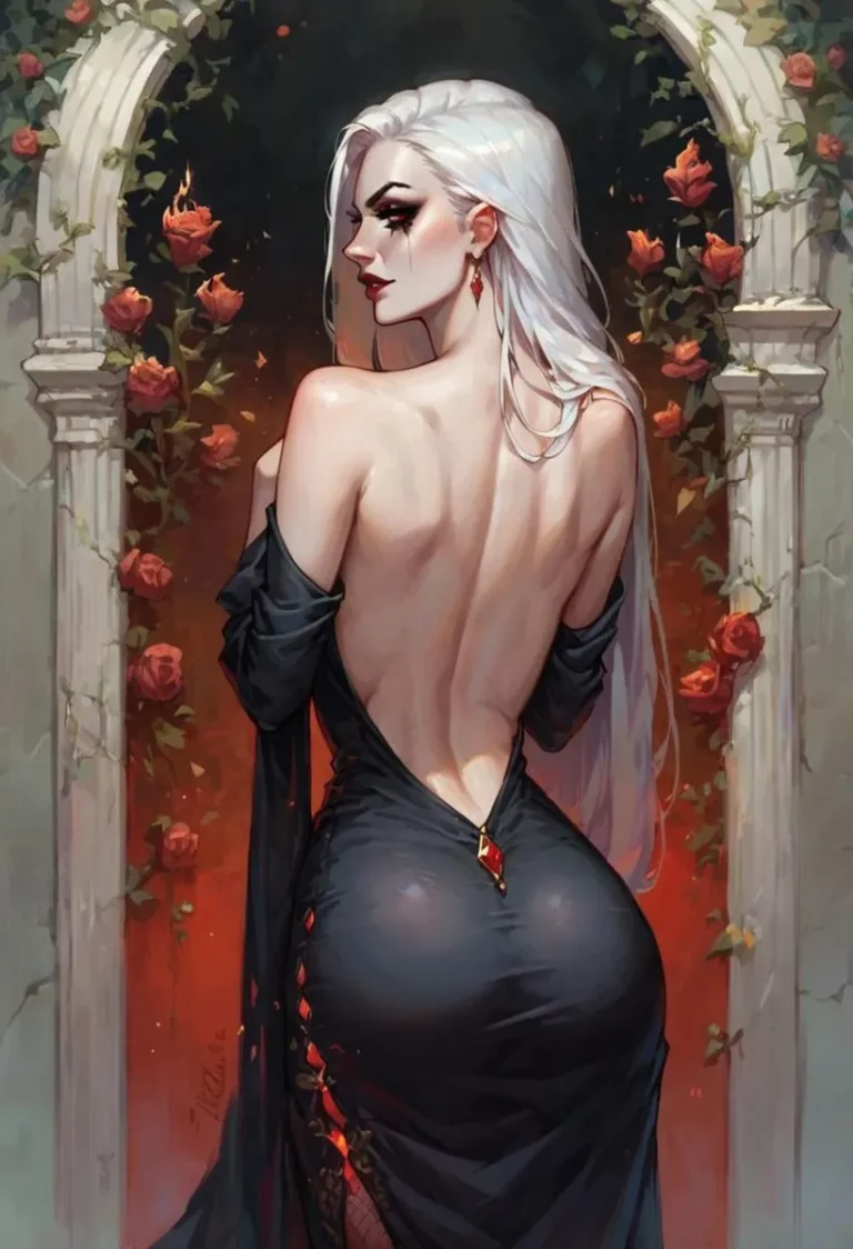 A striking vampire woman with long white hair stands in an archway adorned with roses. AI generated using Stable Diffusion.