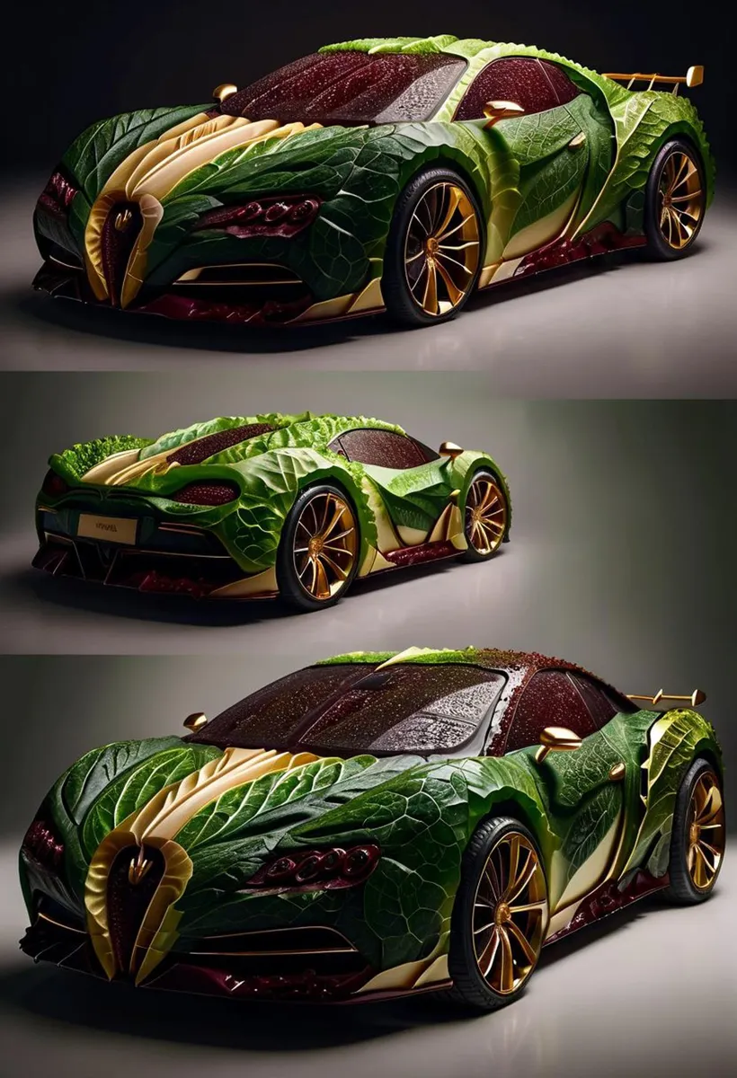 A luxury car designed with a vegetable-themed exterior, created using Stable Diffusion AI.