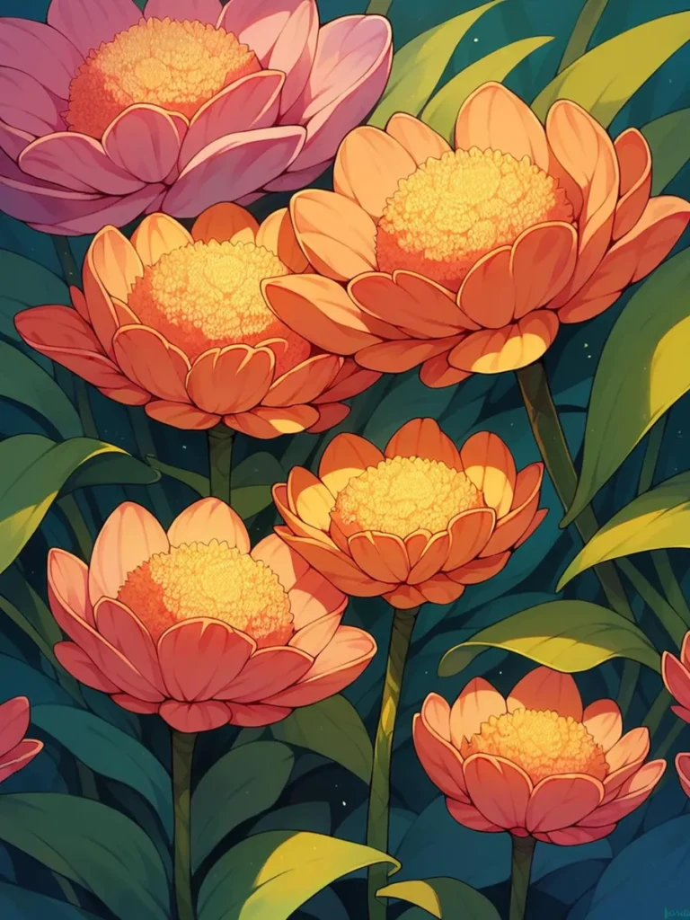 A digital art piece featuring large, colorful flowers with layered petals and lush green leaves in the background, generated using Stable Diffusion.