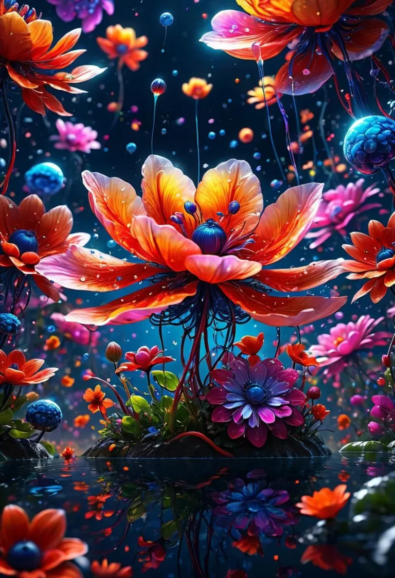 A vibrant, colorful depiction of fantasy flowers in various hues of orange, pink, and blue, created with AI using stable diffusion. The scene showcases flowers with luminous petals floating and blooming in a mystical environment.
