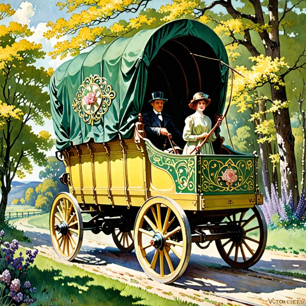 Victorian couple riding in a detailed vintage carriage with a green canopy, generated by AI using Stable Diffusion.