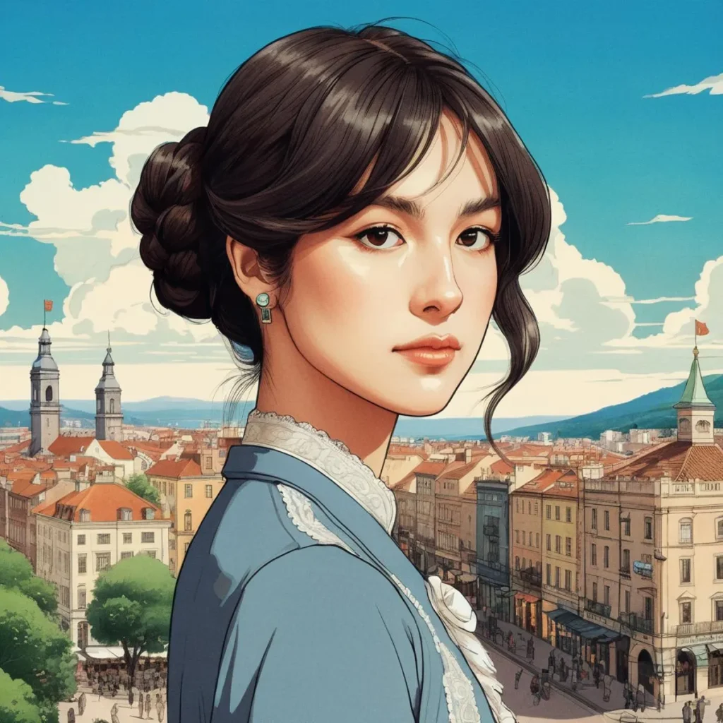 AI generated image using stable diffusion shows a Victorian-era woman with dark hair in an elegant updo, standing in front of a charming historical cityscape with pastel buildings and church towers.