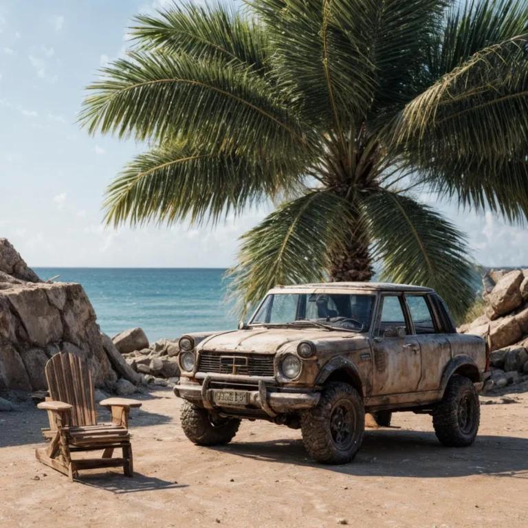 A vintage car parked on a sandy beach with a palm tree in the background, emphasizing an AI-generated scene created using stable diffusion.