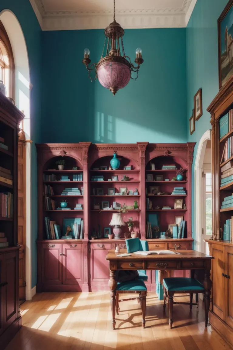A vintage library room with antique wooden furniture and bookshelves, created by AI using Stable Diffusion.