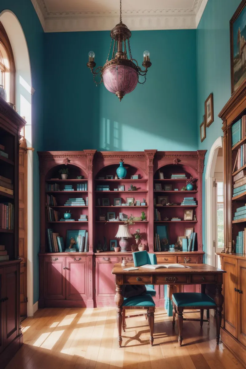 A vintage library room with antique wooden furniture and bookshelves, created by AI using Stable Diffusion.