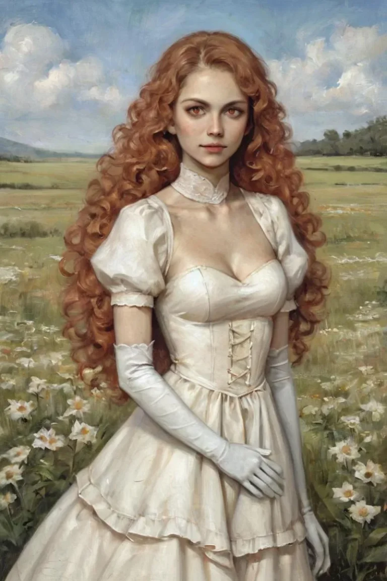 A red-headed woman with long curly hair in a white Victorian dress standing in a field of daisies. AI generated image using Stable Diffusion.