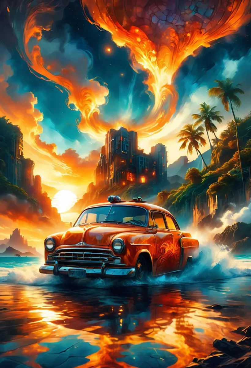 A vivid AI generated image using Stable Diffusion featuring a vintage orange car on a sunset beach with fantasy elements in the background.