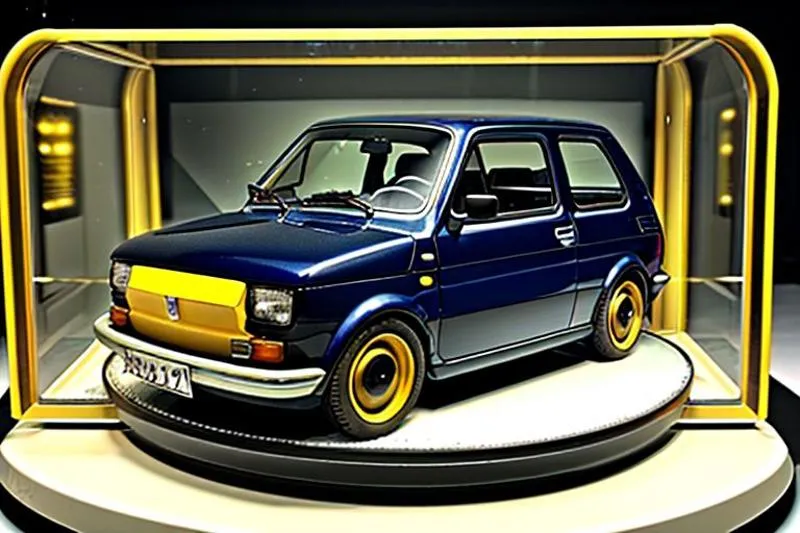 A detailed and realistic AI generated image using Stable Diffusion, featuring a blue and yellow vintage car model inside an intricate display case.