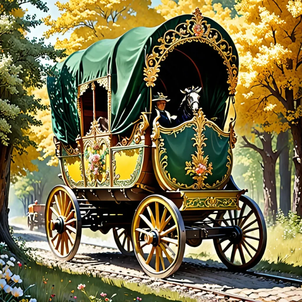 An AI generated image using Stable Diffusion of a vintage horse-drawn ornate carriage with a forest background.