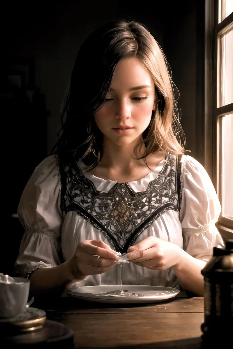 A young woman in a vintage-style dress sitting by a window with daylight streaming in, created using Stable Diffusion.