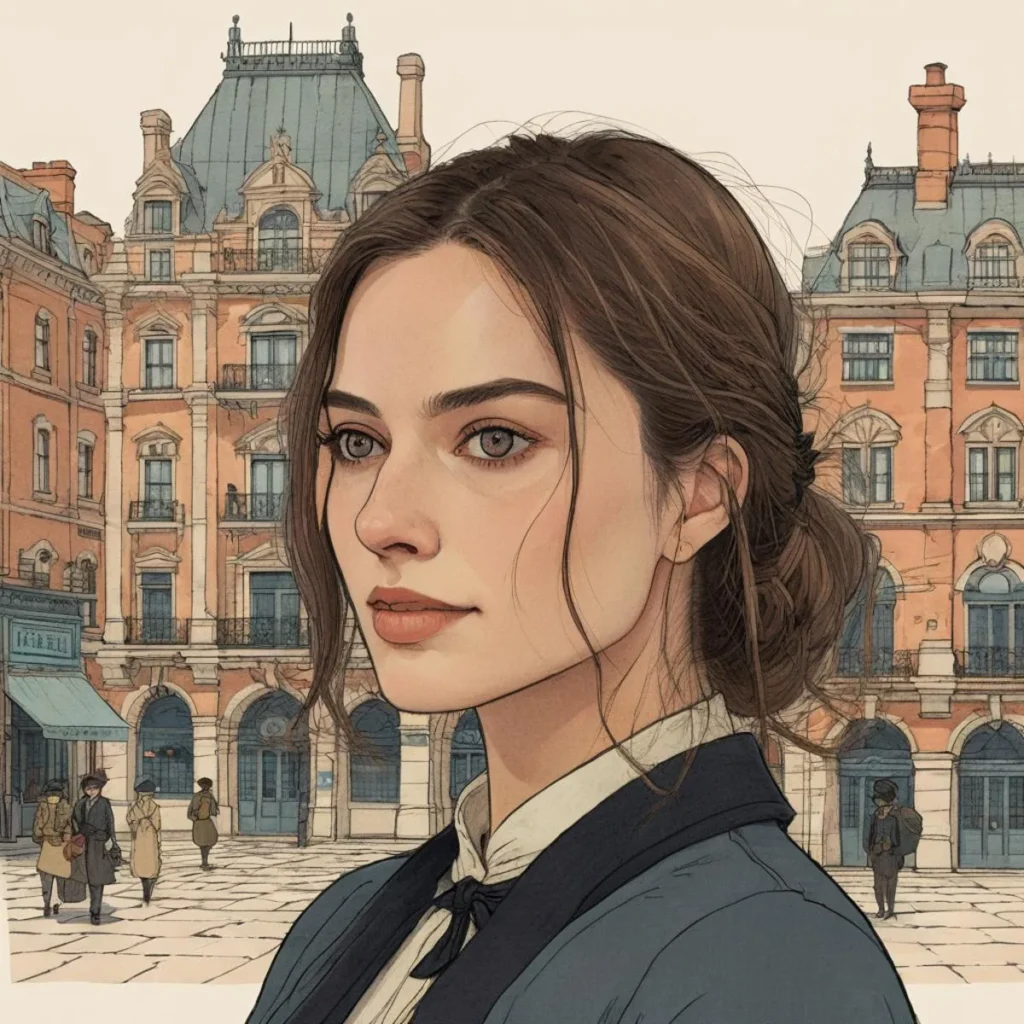 A vintage illustration of a woman with brown hair, set against a historical cityscape with ornate buildings. This is an ai generated image using stable diffusion.