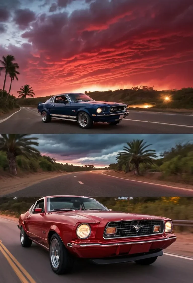 A vintage muscle car driving on a road during sunset with stunning red clouds in the sky, AI generated image using Stable Diffusion.
