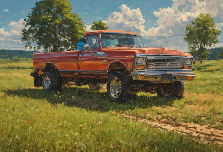 A vintage red truck parked in a green rural landscape, generated using Stable Diffusion AI.