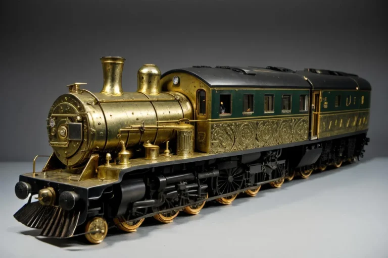 AI-generated image of a vintage steam engine locomotive with ornate golden details, created using Stable Diffusion.