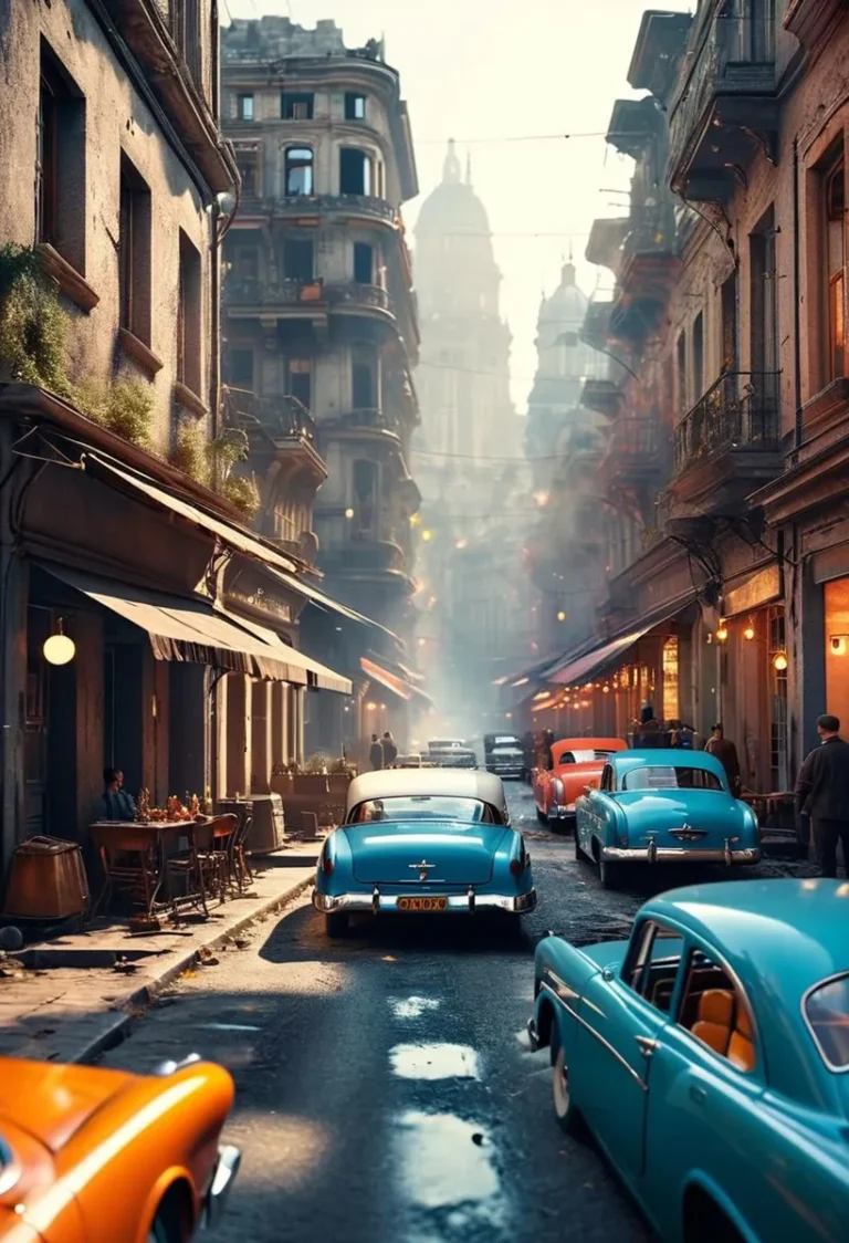 A vintage street scene with classic cars and old buildings. AI generated image using Stable Diffusion.
