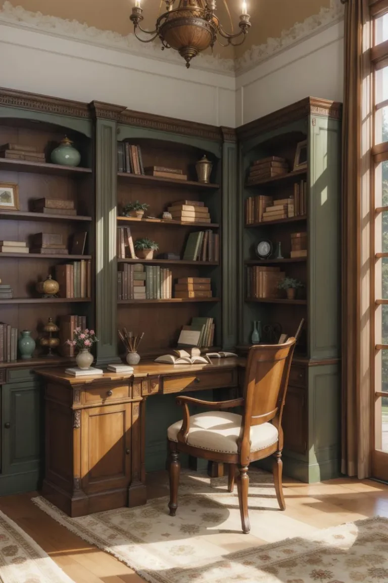A vintage study room with antique library created by AI using stable diffusion, featuring wooden desk and bookshelves with various books and decorations.