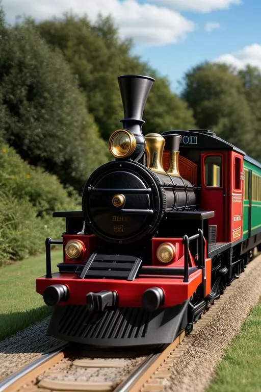 AI generated image of a vintage steam locomotive on a railroad track surrounded by greenery using Stable Diffusion.