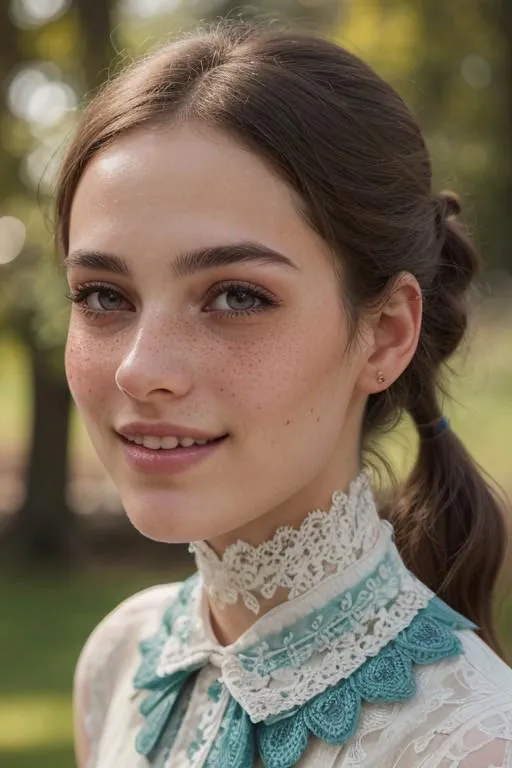 A close-up portrait of a young woman in a vintage-style outfit, generated by AI using Stable Diffusion.