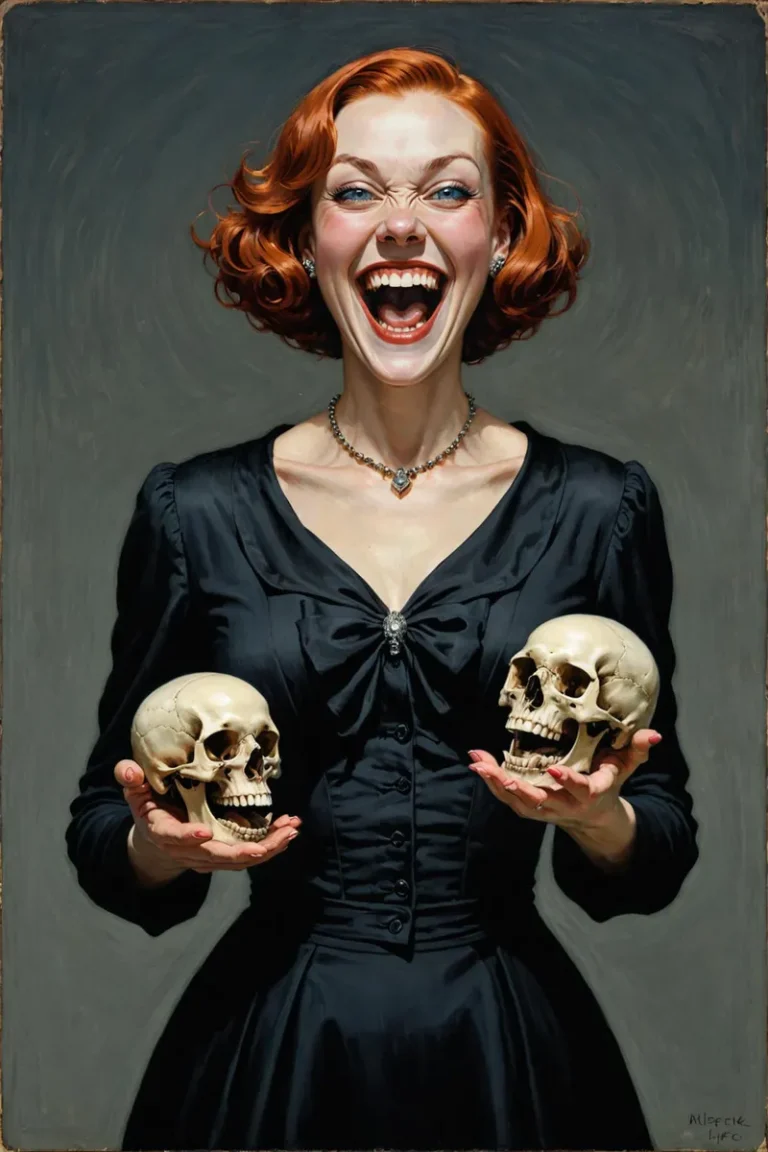 A vintage woman with red hair in a black dress holding two skulls and laughing joyfully. This is an AI generated image using Stable Diffusion.
