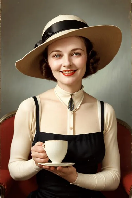 A vintage-style portrait of a woman drinking tea, created using stable diffusion.