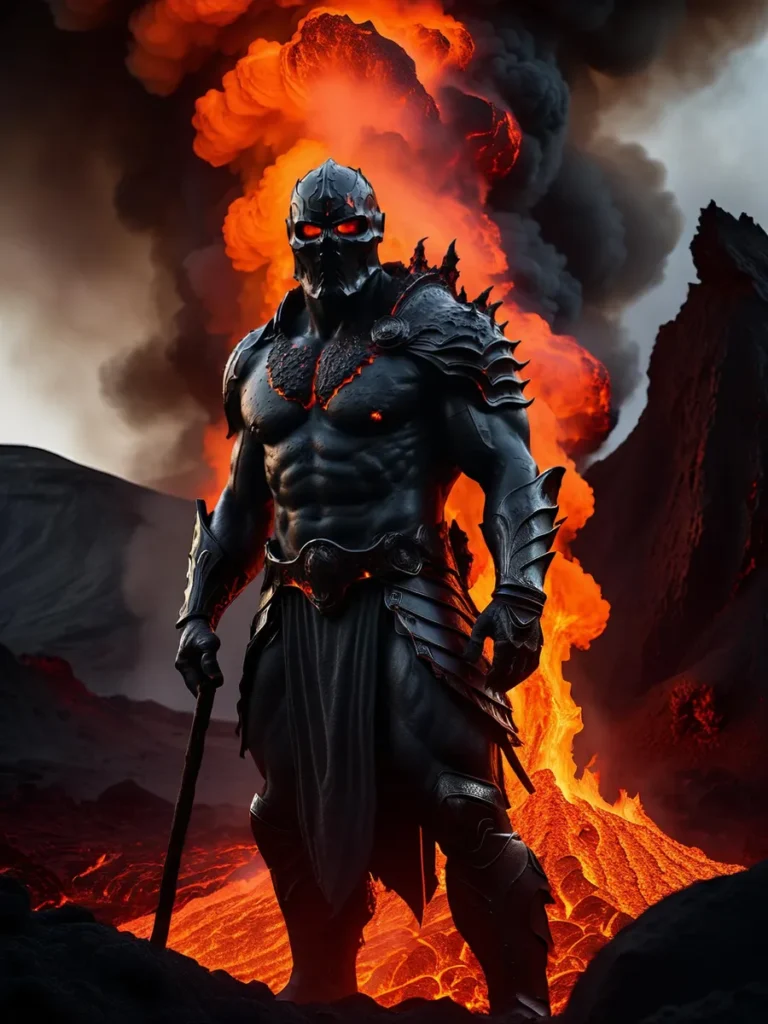 A menacing volcanic warrior clad in dark armor, standing in front of an erupting volcano. AI generated image using Stable Diffusion.
