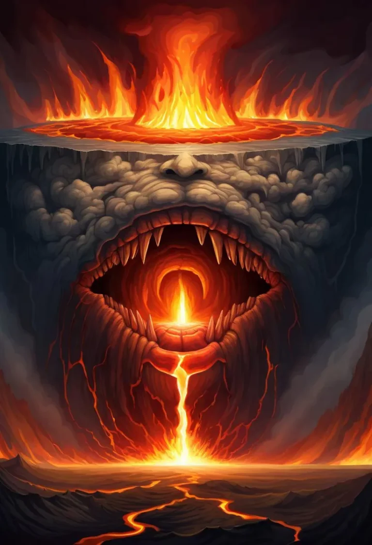 A monstrous face with a fiery pit for a mouth and a smaller fire within it. This is an AI generated image using Stable Diffusion.