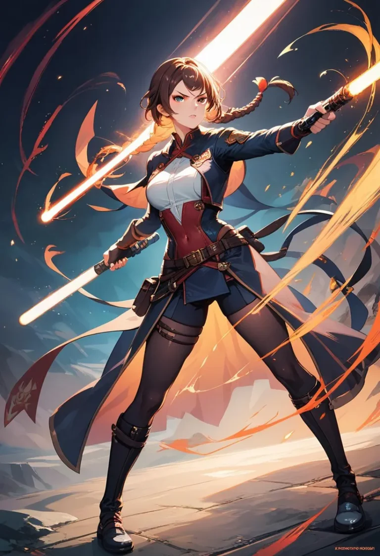 Anime-style image of a warrior woman posed dynamically with dual lightsabers, created using Stable Diffusion.
