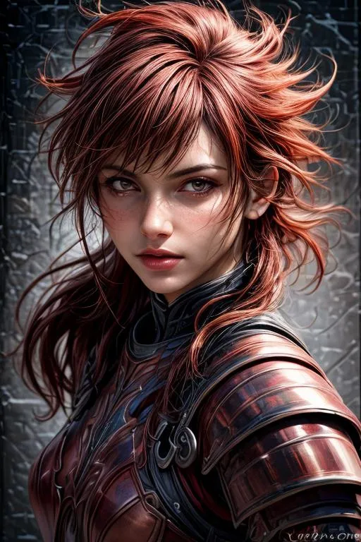 A warrior woman with intense eyes and red hair wearing futuristic armor, AI generated using Stable Diffusion.