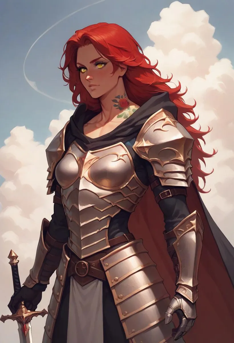 AI generated image using Stable Diffusion of a red-haired warrior woman in elaborate fantasy armor, holding a sword