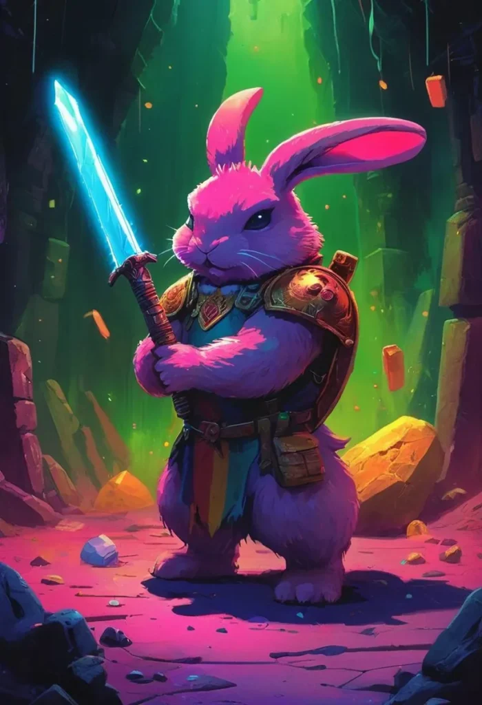 A fantasy depiction of a rabbit warrior holding a glowing blue sword in a colorful cave, emphasizing that this is an AI generated image using stable diffusion.