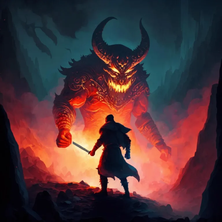 Epic fantasy scene of a warrior facing a giant fiery demon, created using Stable Diffusion.