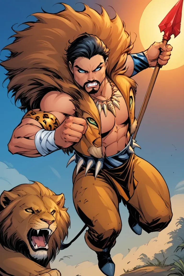 Warrior with a lion, wearing fur and holding a spear, in comic book style. AI-generated image using Stable Diffusion.